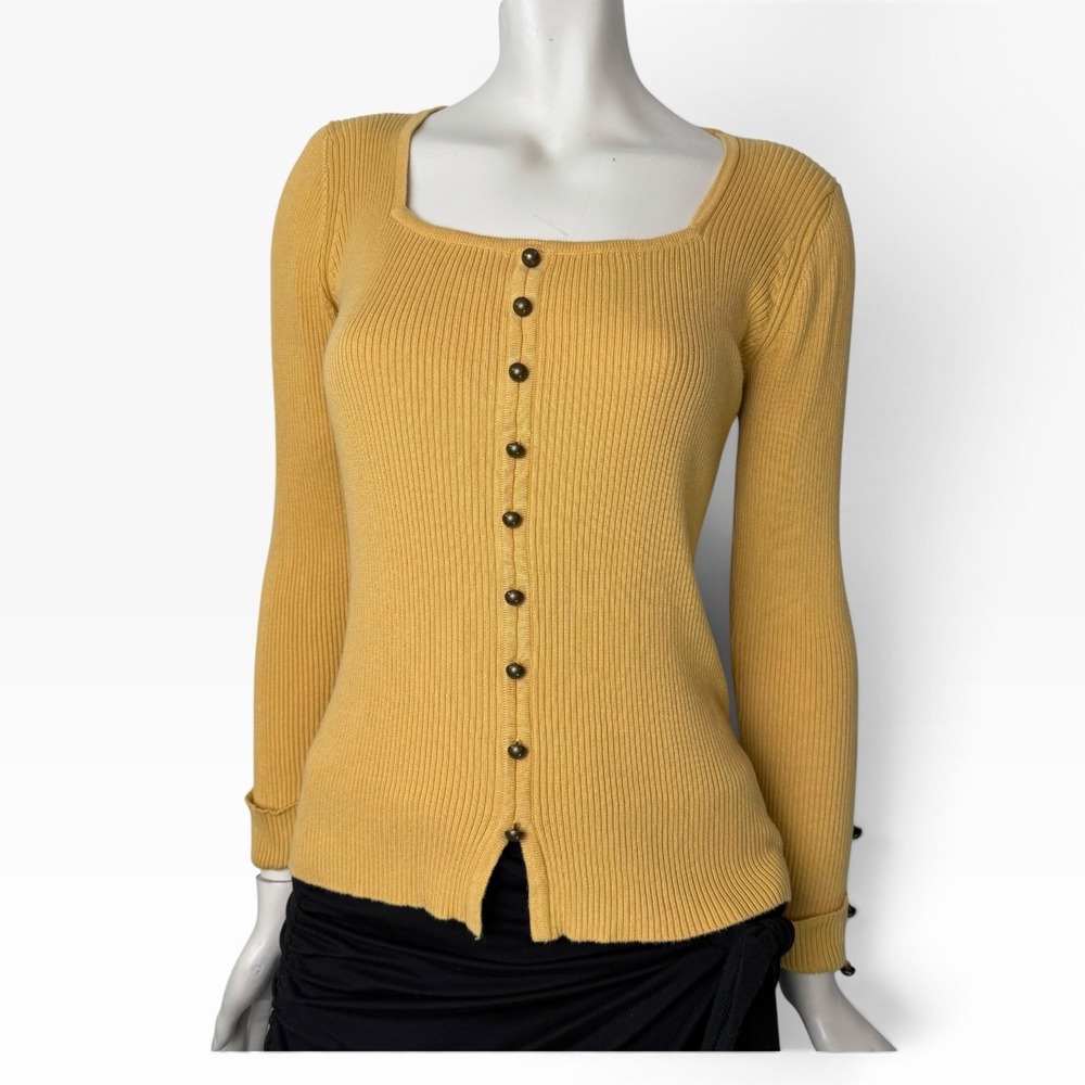 Kailey K Military Luxe Mustard Square Neck Ribbed Knit Dome Button Sweater L LRG